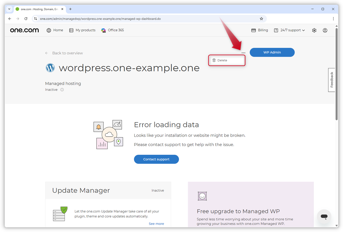 Screenshot dell'installazione di WordPress nel Pannello di controllo di one.com. Una freccia rossa indica i tre puntini.