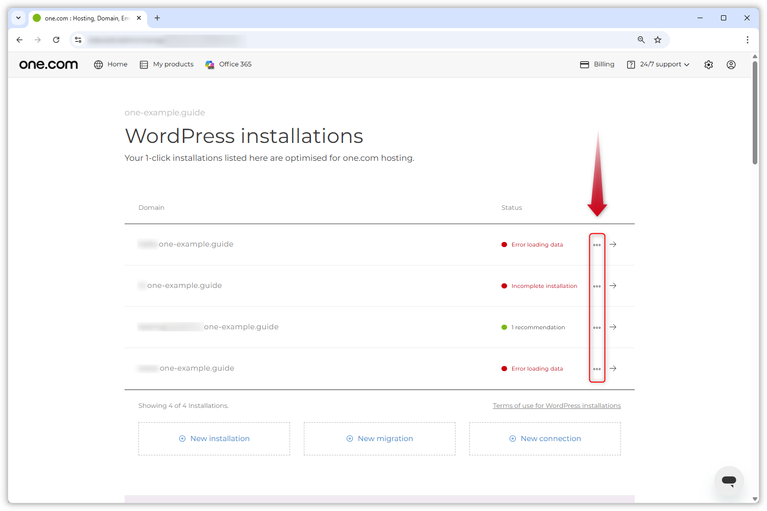Skärmdump av översiktssidan för Wordpress. En röd pil pekar mot de tre punkterna bredvid de olika installationerna.