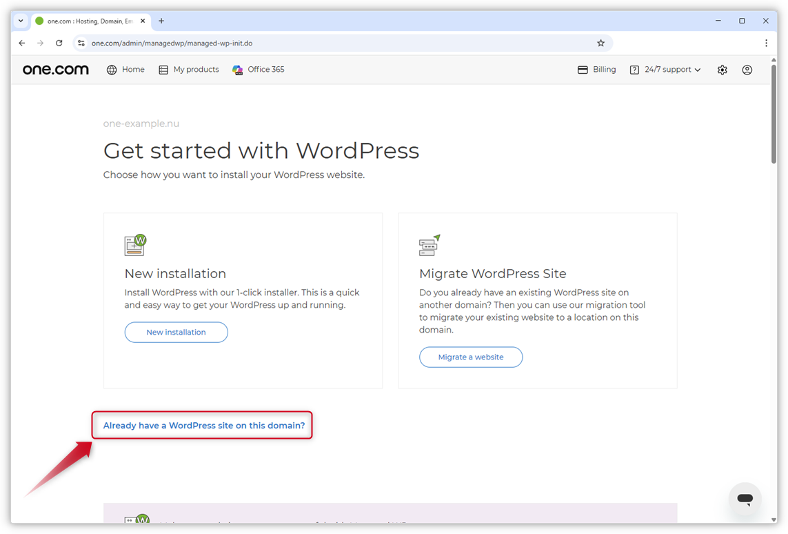 Screenshot der Seite Erste Schritte mit WordPress. Ein roter Pfeil zeigt in Richtung "Bereits eine WordPress-Seite auf dieser Domain?".