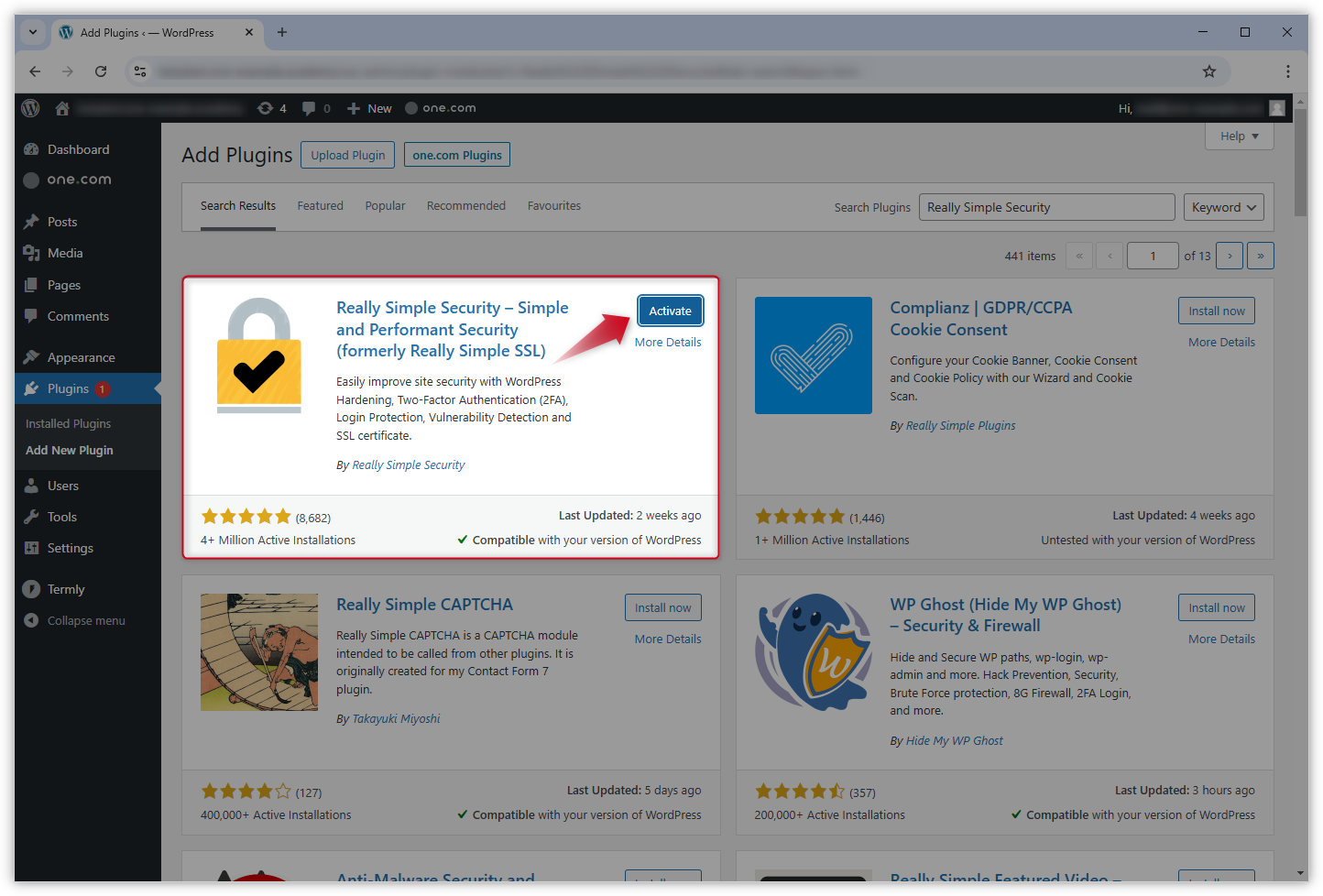Skärmdump av plugin-aktivering i WP Admin.