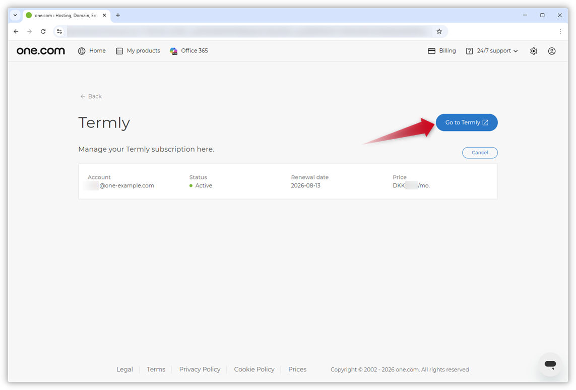 Captura de pantalla de la página de Termly en el Panel de control de one.com. El enlace «Ir a Termly» aparece resaltado.