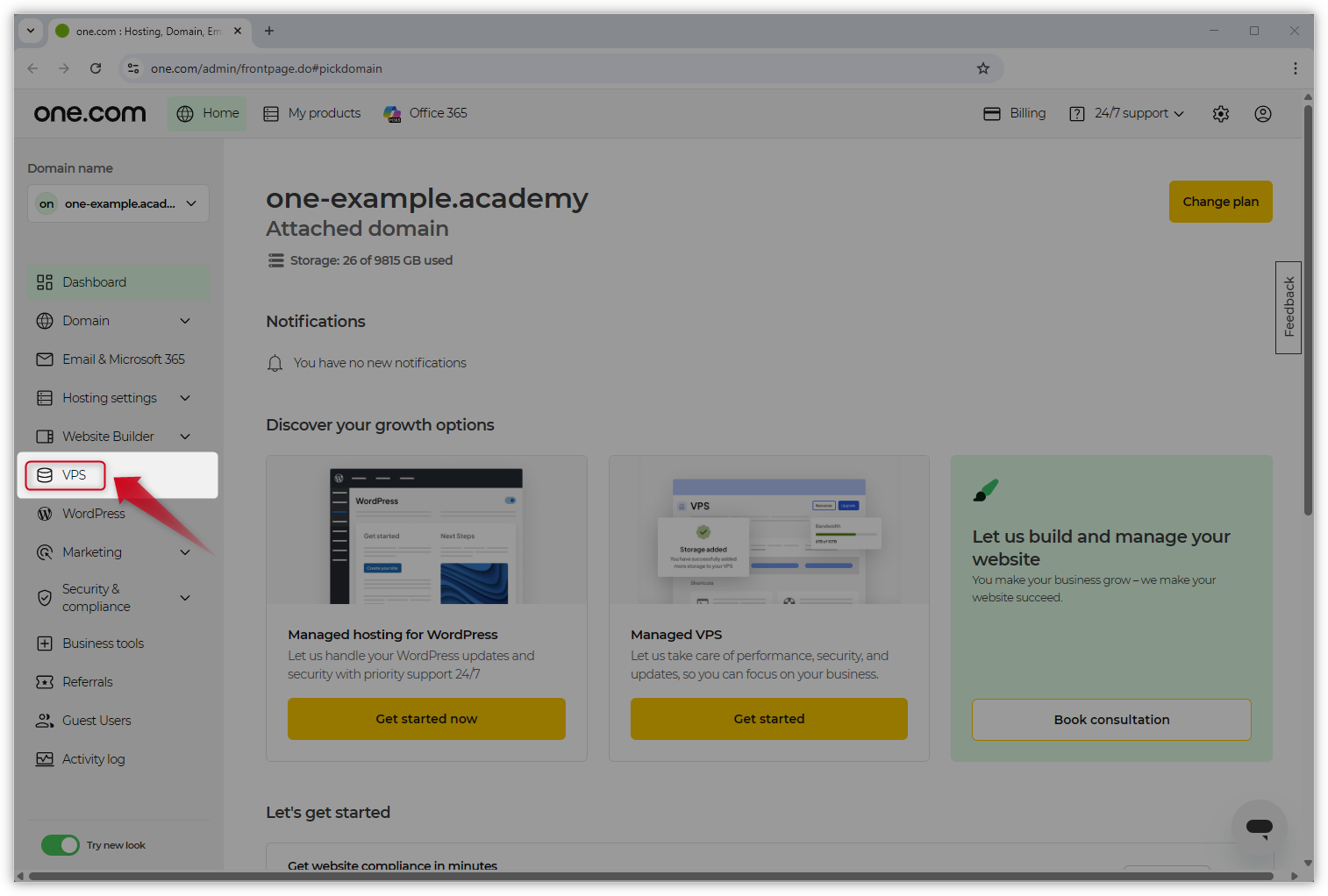 Skjermbilde av one.com-kontrollpanelet. En rød pil peker på VPS i menyen.