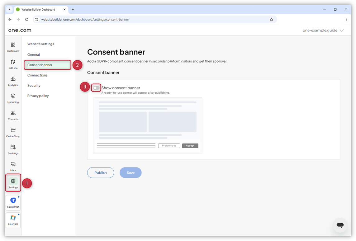 Capture d'écran de la page de la bannière de consentement dans le tableau de bord du créateur de site web.