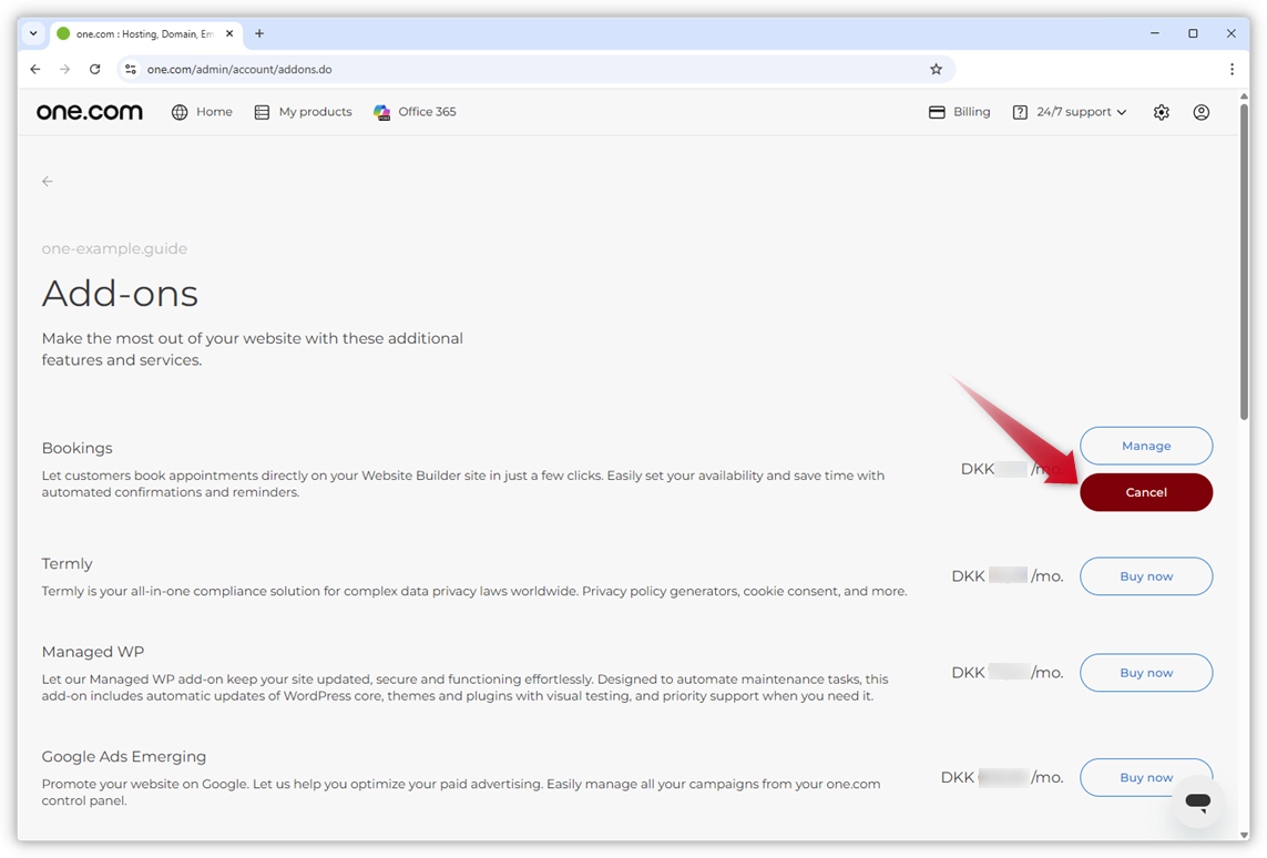 Screenshot mit der Add-ons-Seite. Ein roter Pfeil zeigt auf den roten Button "Stornieren" neben dem Add-on "Buchungen".