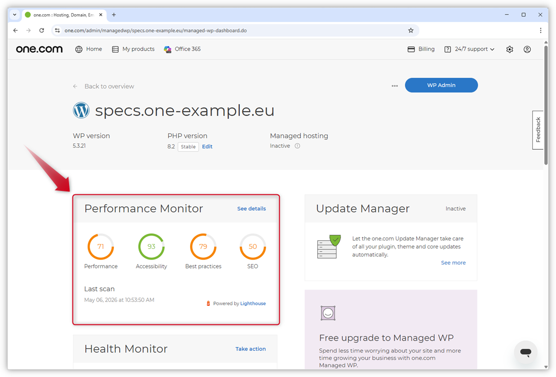 A captura de ecrã destaca o Monitor de Desempenho no painel de controlo do WordPress.