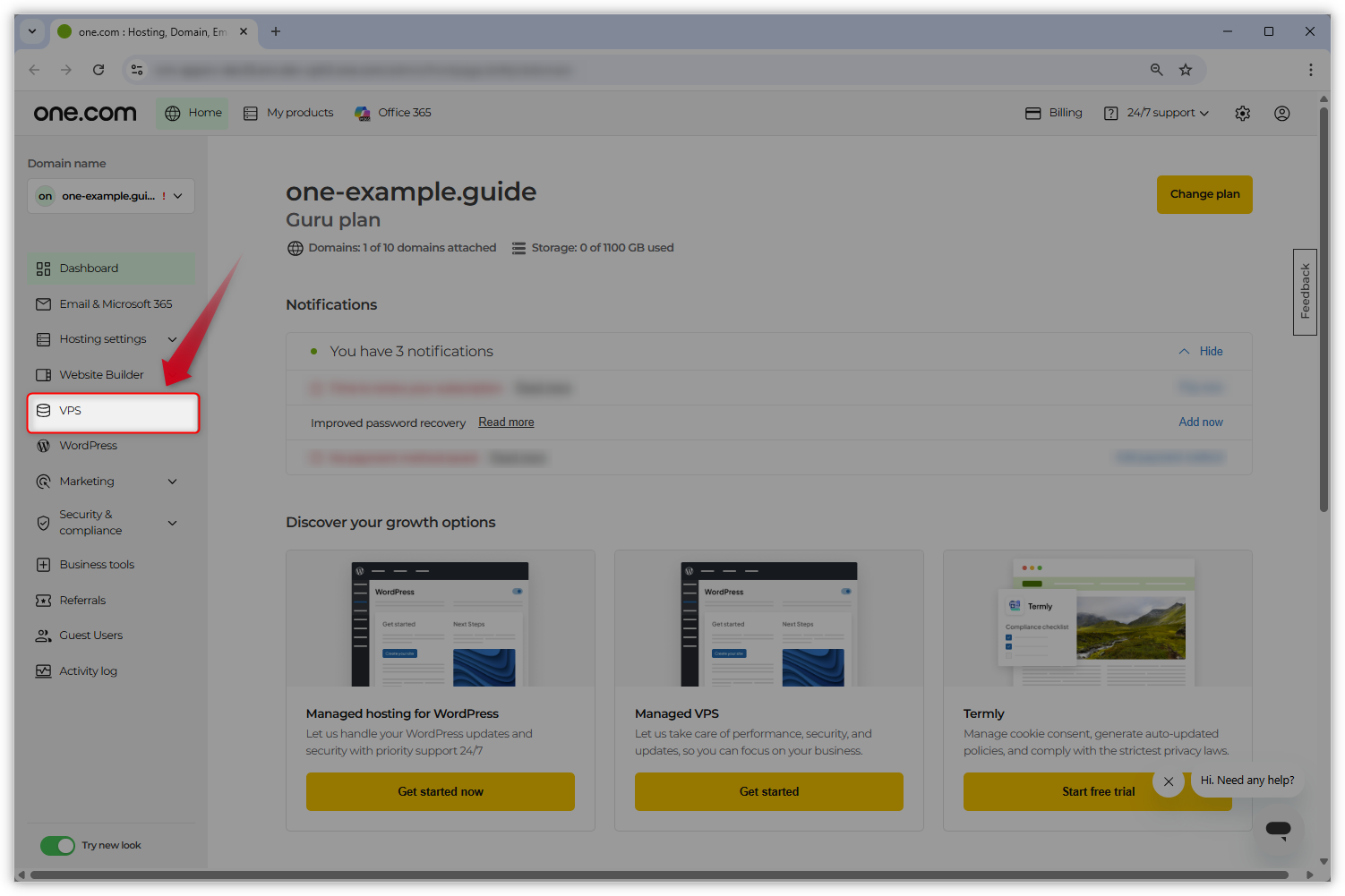 Screenshot of the Control Panel start page. A red arrow points to 'VPS' in the menu on the left.