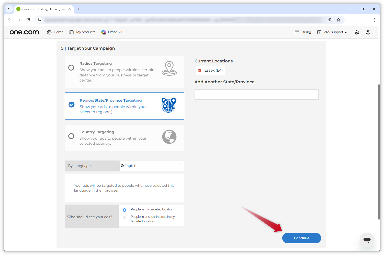 Screenshot of the Google Ads page. Target area options are displayed, and a red arrow points to the 'Continue' button.