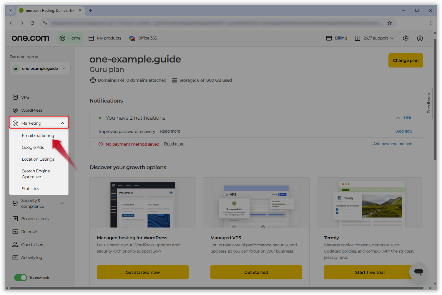 Captura de ecrã do Painel de Controlo. O separador «Marketing» no menu à esquerda está aberto e uma seta vermelha aponta para «Marketing por e-mail».