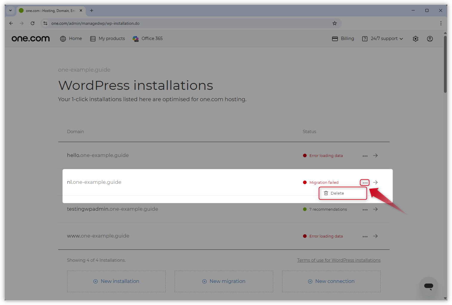 Screenshot die laat zien hoe je een mislukte WordPress-migratie verwijdert in het Configuratiescherm.
