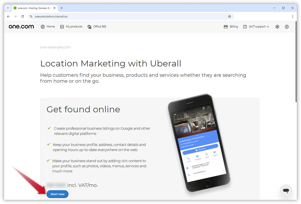 Screenshot della pagina "Location Marketing con Uberall". Una freccia rossa indica il pulsante "Inizia ora".
