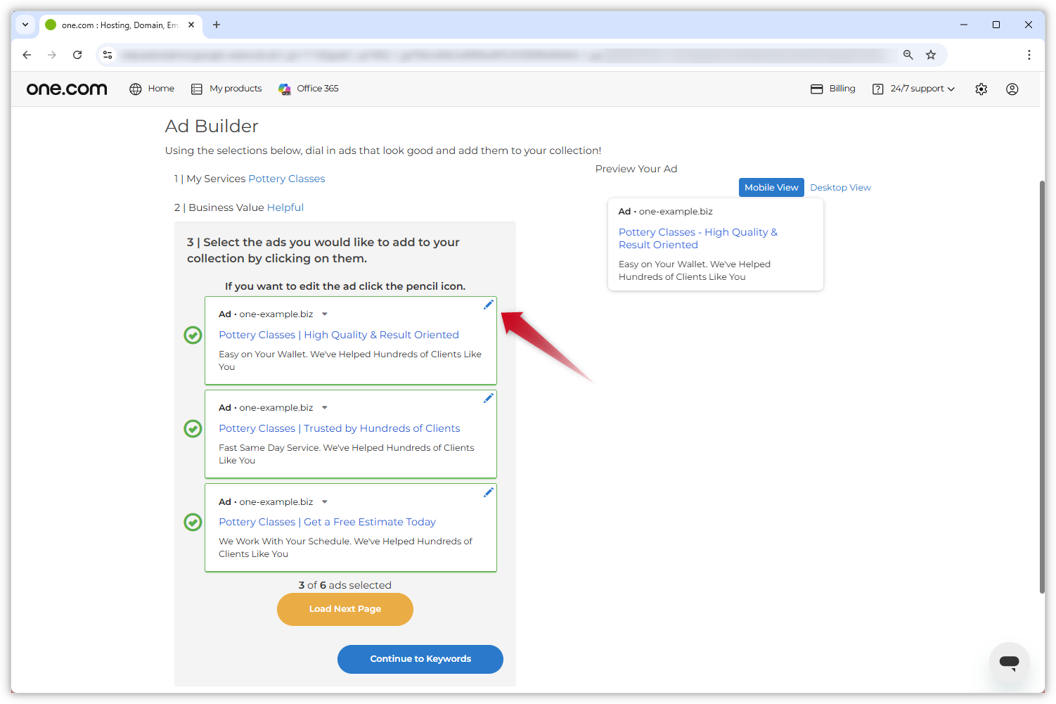 Ecrã da página do Google Ads. São exibidas sugestões de anúncios selecionados e uma seta vermelha aponta para o ícone da lápis.