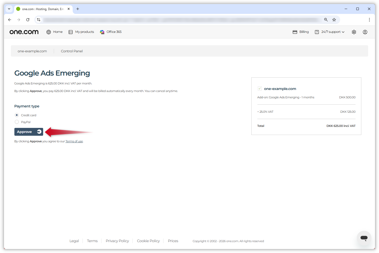 Capture d'écran de la page de paiement de Google Ads. Une flèche rouge pointe vers le bouton « Approuver ».
