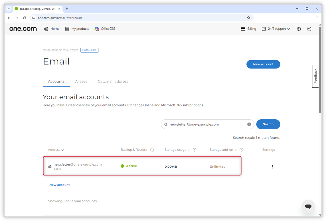 Capture d’écran de la page E-mail dans le panneau de configuration. Le compte de messagerie des newsletters est en surbrillance.