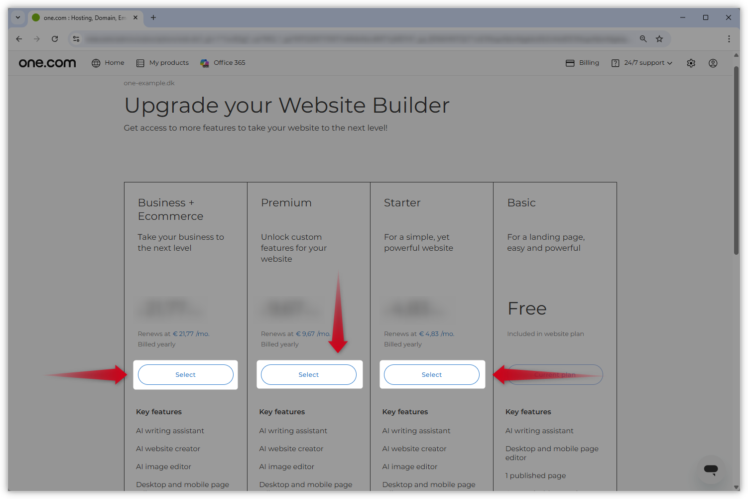 Screenshot of the Website Builder plan page. Red arrows point to the 'Select' buttons on the plans.