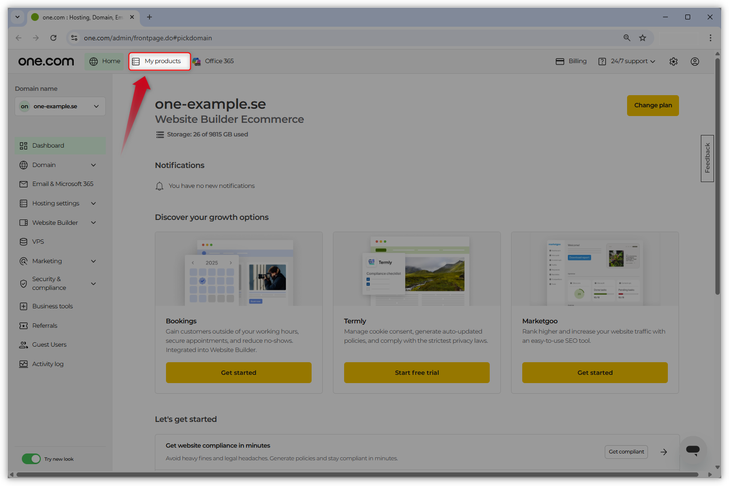 Skärmdump av startsidan på Kontrollpanelen. En röd pil pekar på fliken "Mina produkter".
