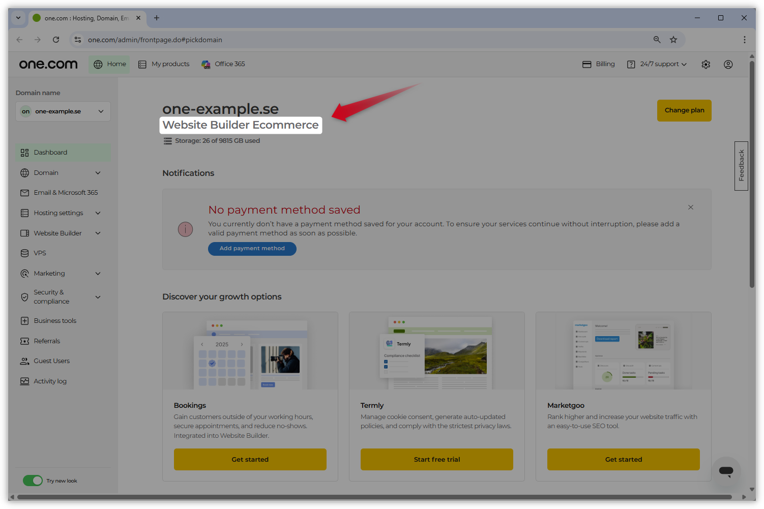 Screenshot van de startpagina van het Configuratiescherm. Een rode pijl verwijst naar de naam van het pakket.