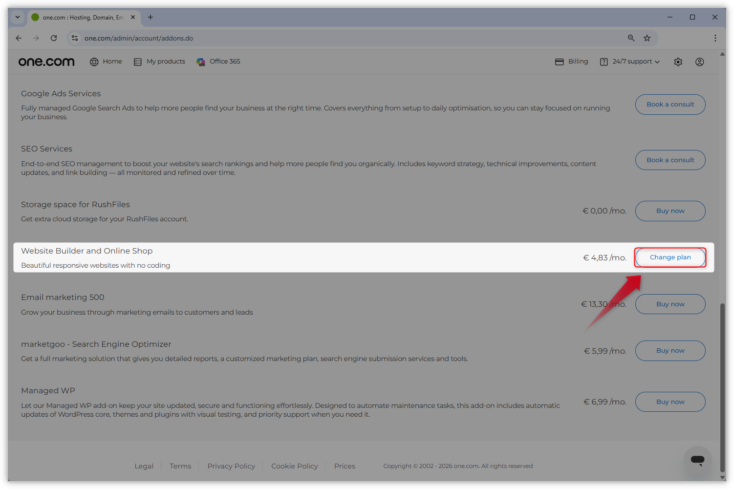 Screenshot der Übersichtsseite für Add-ons. Ein roter Pfeil zeigt auf den Button „Paket ändern“ neben einem Produkt.