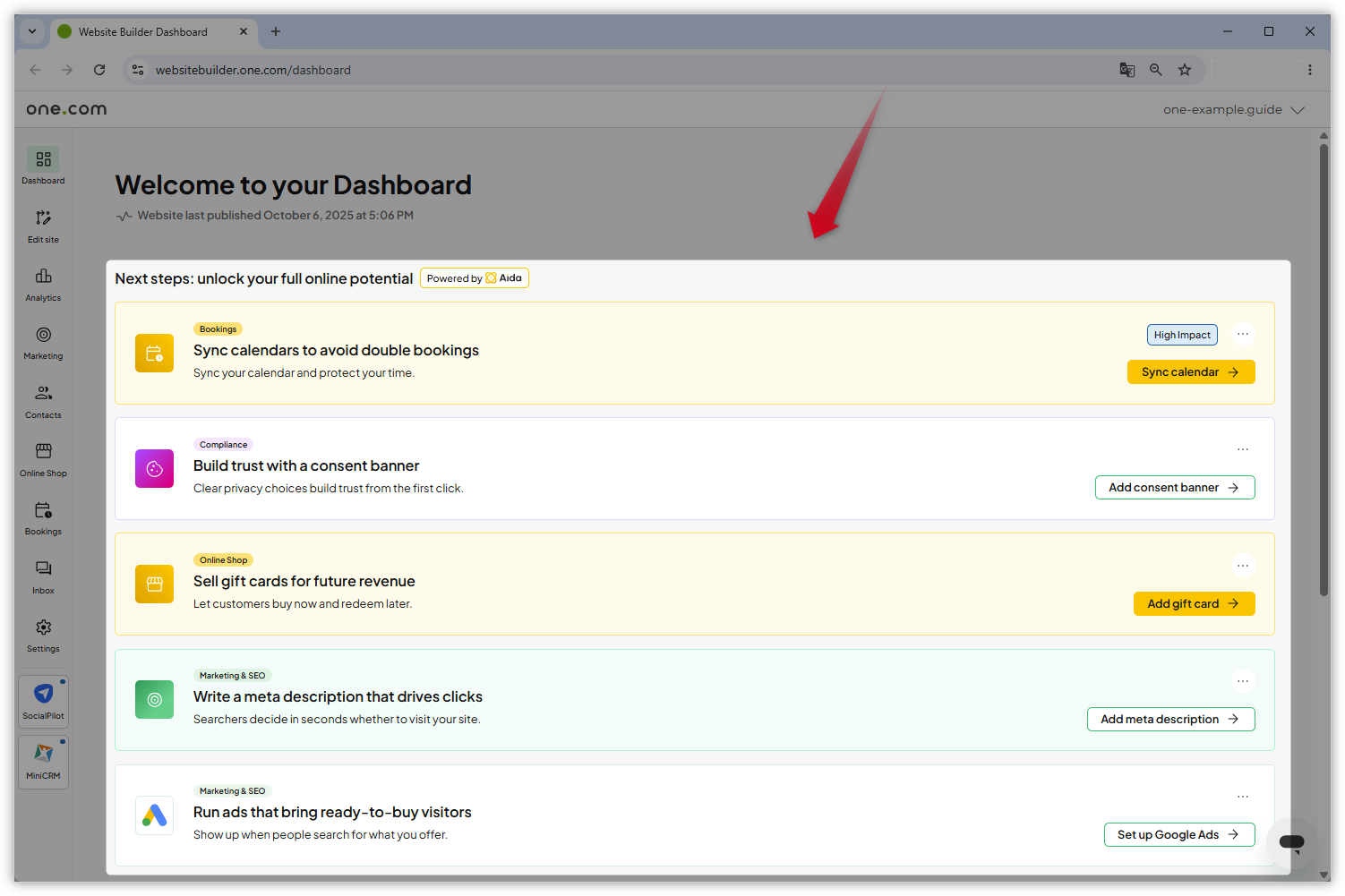 Screenshot des klassischen Homepage-Baukasten-Dashboards. „Next Best Actions“ werden hervorgehoben.