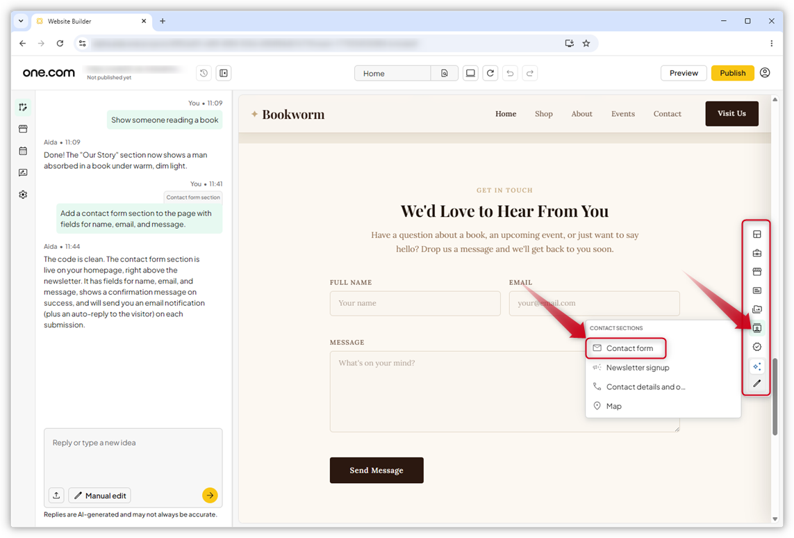 Captura de ecrã do editor do Aida AI Website Builder. As setas vermelhas destacam a barra de ferramentas à direita e o «Formulário de contacto» no menu aberto.