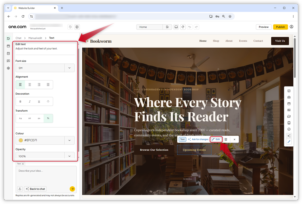 Screenshot van de editor van de Aida AI Website Builder. De rode pijlen wijzen naar de knop 'Bewerken' in het menu 'Tekst' en het gedeelte 'Tekst bewerken'.