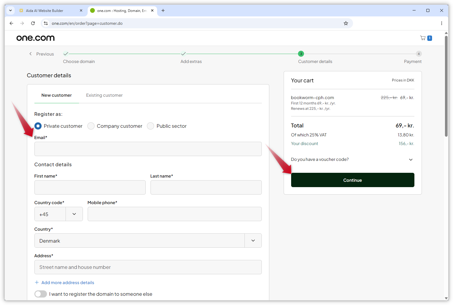 Screenshot of the Customer details page. Red arrows highlight the field and the "Continue" button.