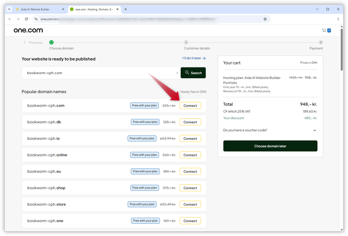 Screenshot der Seite, auf der Sie eine Domain auswählen können. Ein roter Pfeil zeigt auf „Verbinden“.