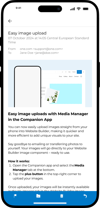 Lo screenshot dell'app Companion mostra un'e-mail aperta con la barra blu nella parte inferiore.