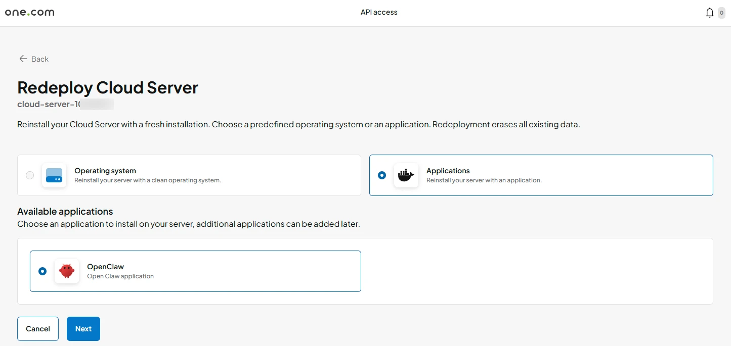 Skärmdump av alternativen under Omdistribuera Cloud Server. Program väljs och Openclaw väljs under Tillgängliga program.