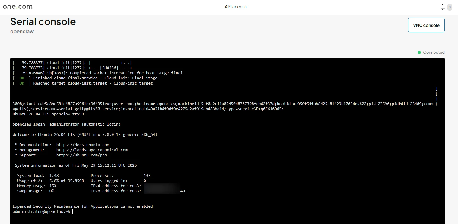 Captura de pantalla de la consola serie de OpenClaw en la que se ejecuta el comando «openclaw onboard».