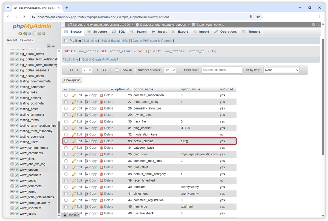 Skjermbilde som viser at plugins er deaktivert.