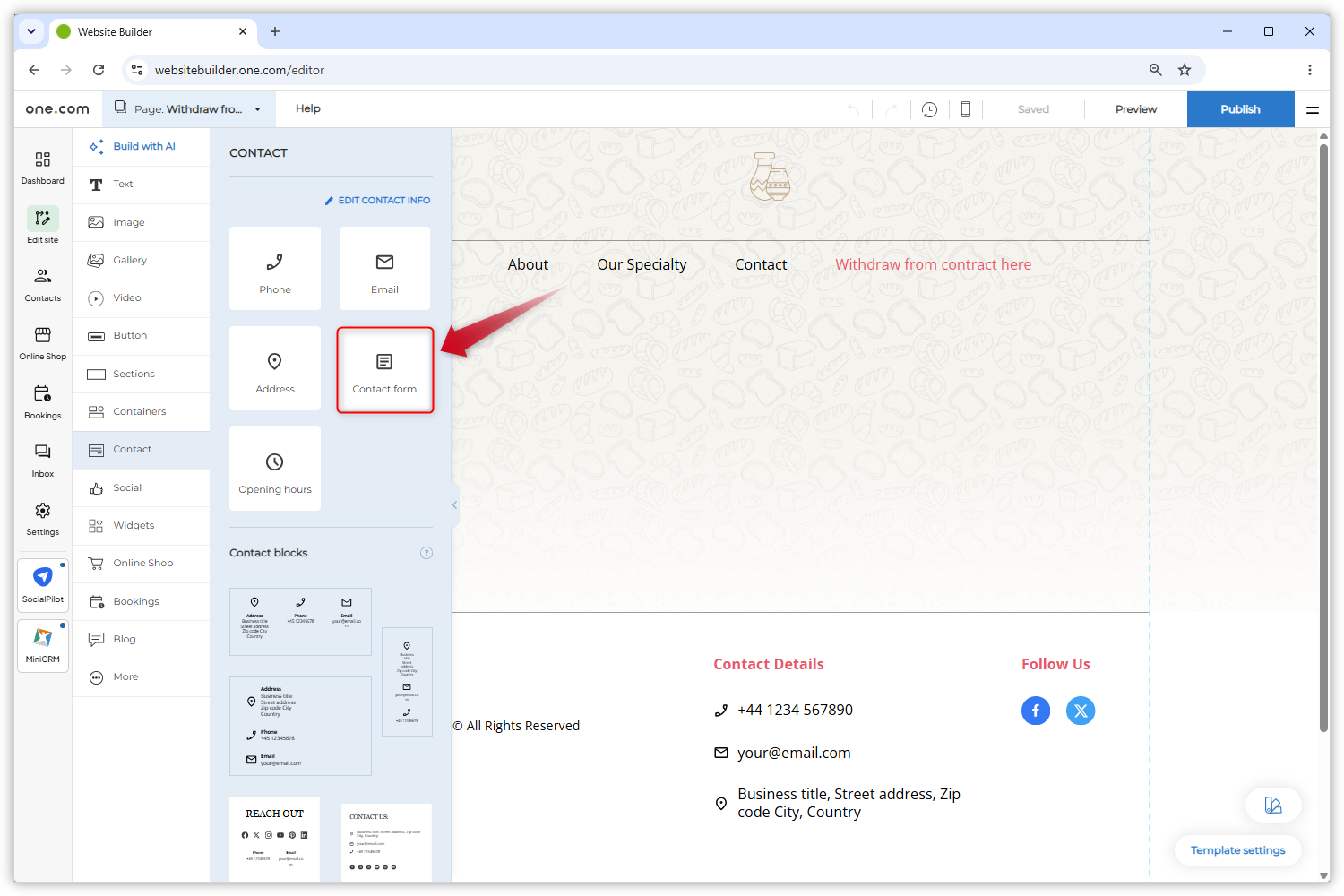 Screenshot of the Website Builder editor. A red arrow points to the 'Contact form' component in the open menu on the left.