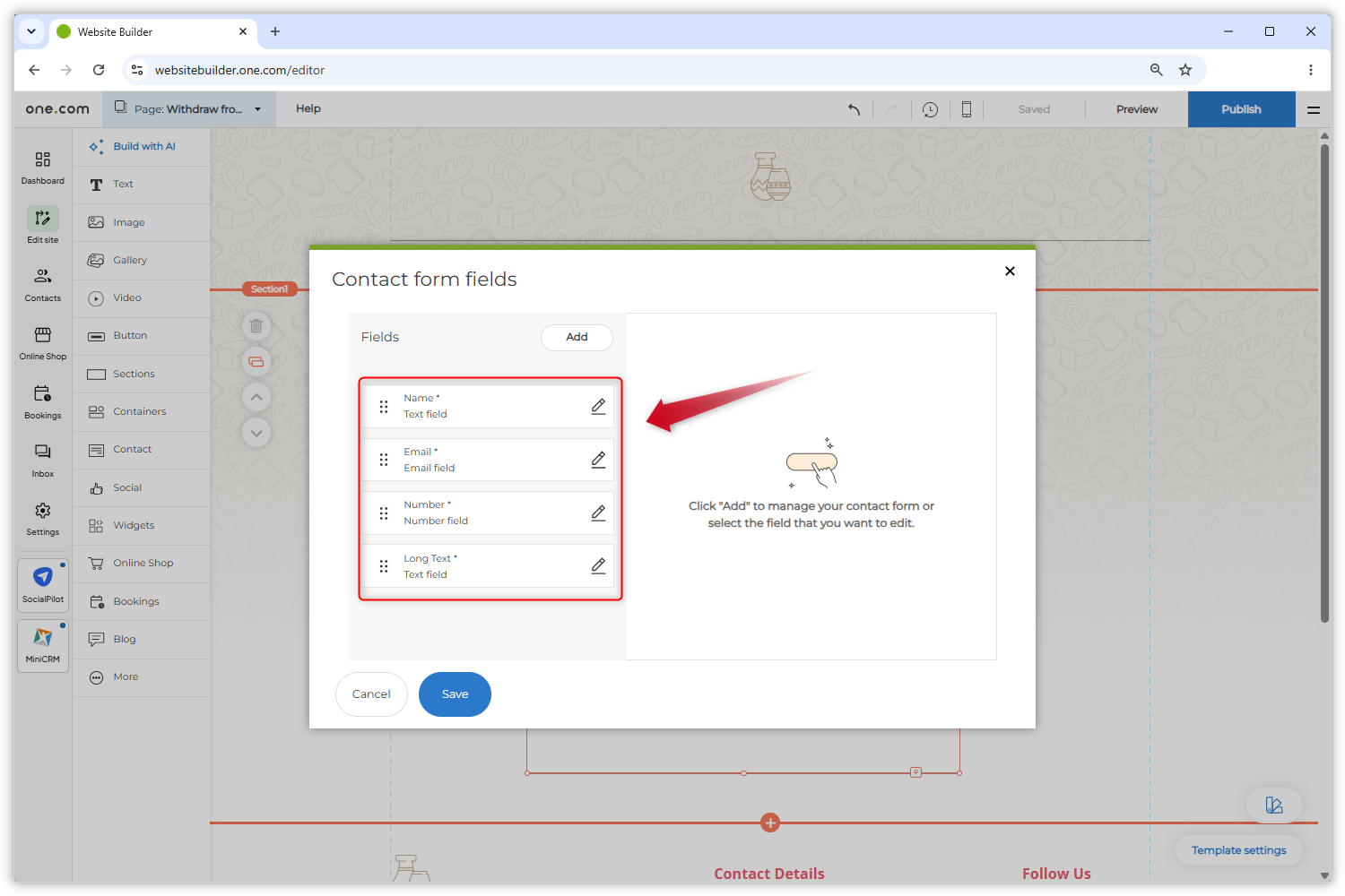 Screenshot showing the open contact form fields menu. A red arrow points to the added fields.