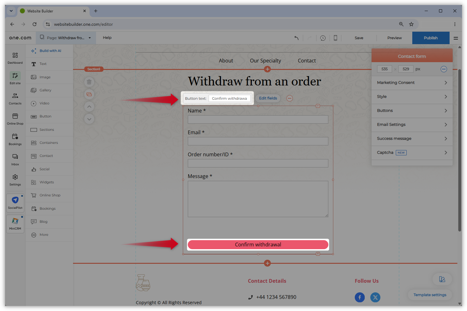 Screenshot showing the added contact form. The button text field and the button itself are highlighted and red arrows point towards them.