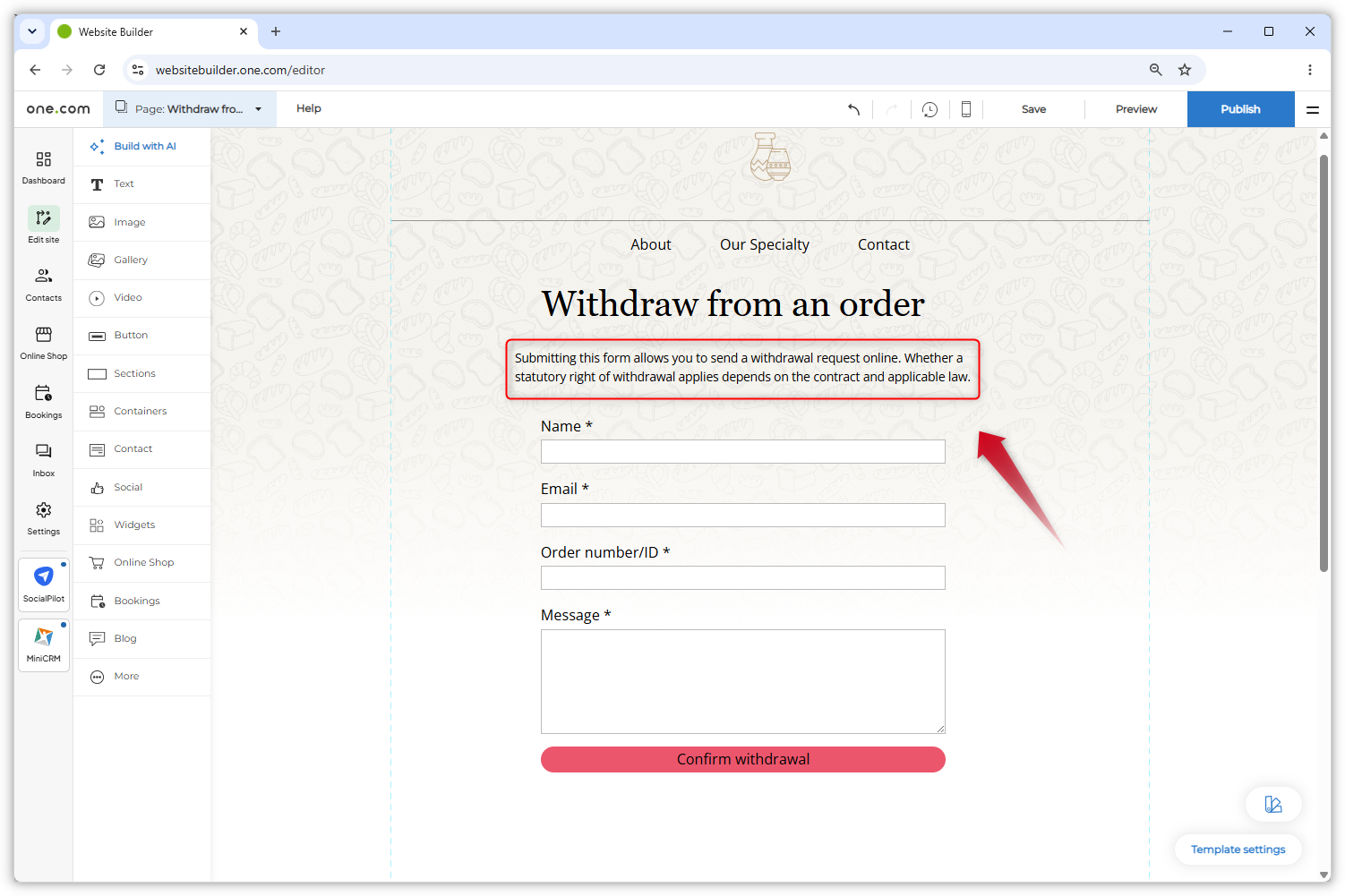 Screenshot showing the withdrawal form. The explanatory note has been added and a red arrow points to it.