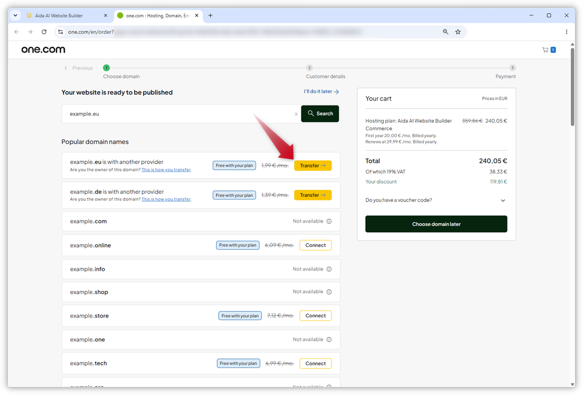 Screenshot der Seite, auf der Sie eine Domain auswählen können. Ein roter Pfeil zeigt auf die 