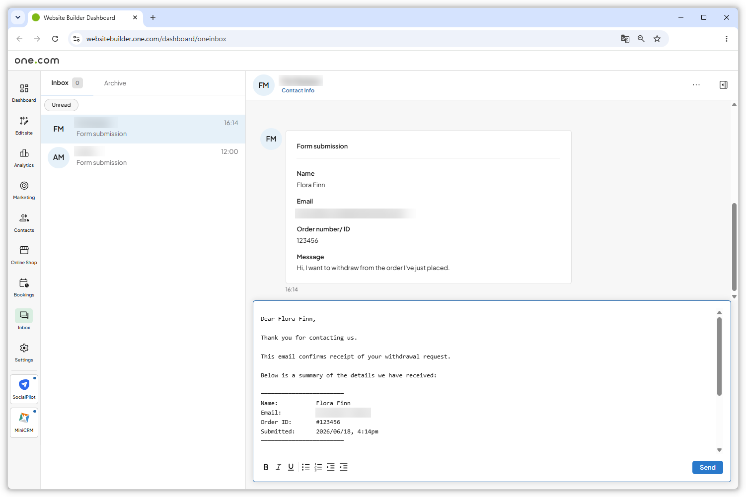 Screenshot showing the form submission in OneInbox.