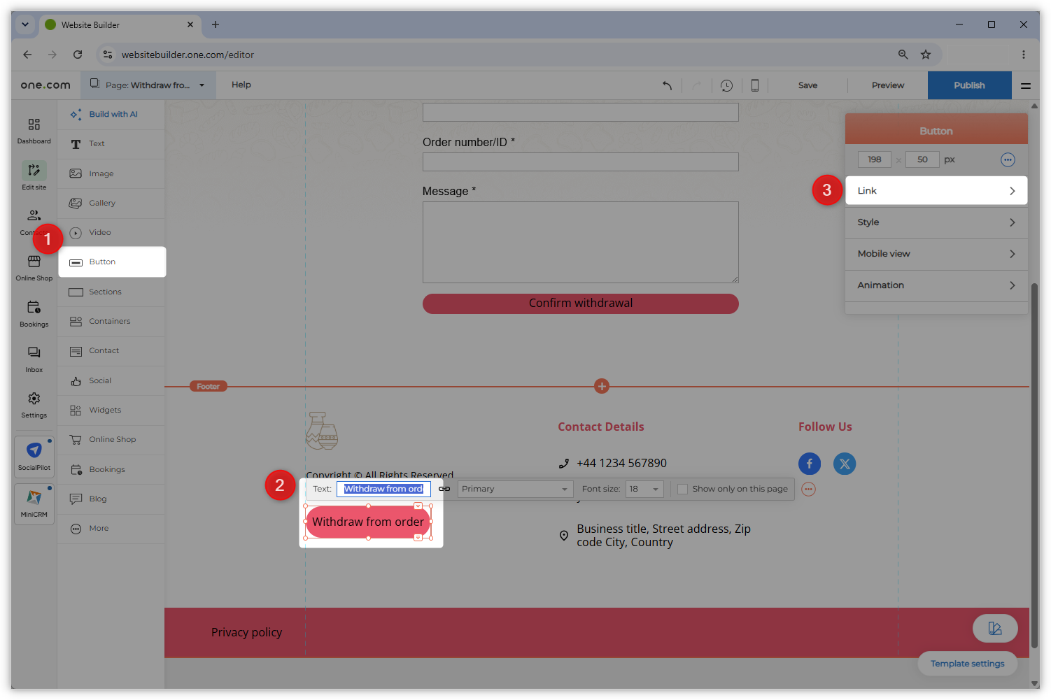 Screenshot of the Website Builder editor. The items needed for each of the steps in the section are highlighted.