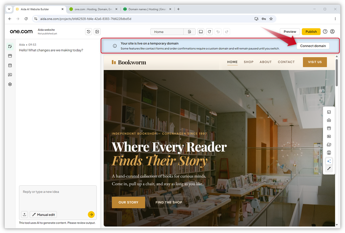 Screenshot of the Aida AI Website Builder. The banner to connect a domain is highlighted and a red arrow points towards the button.