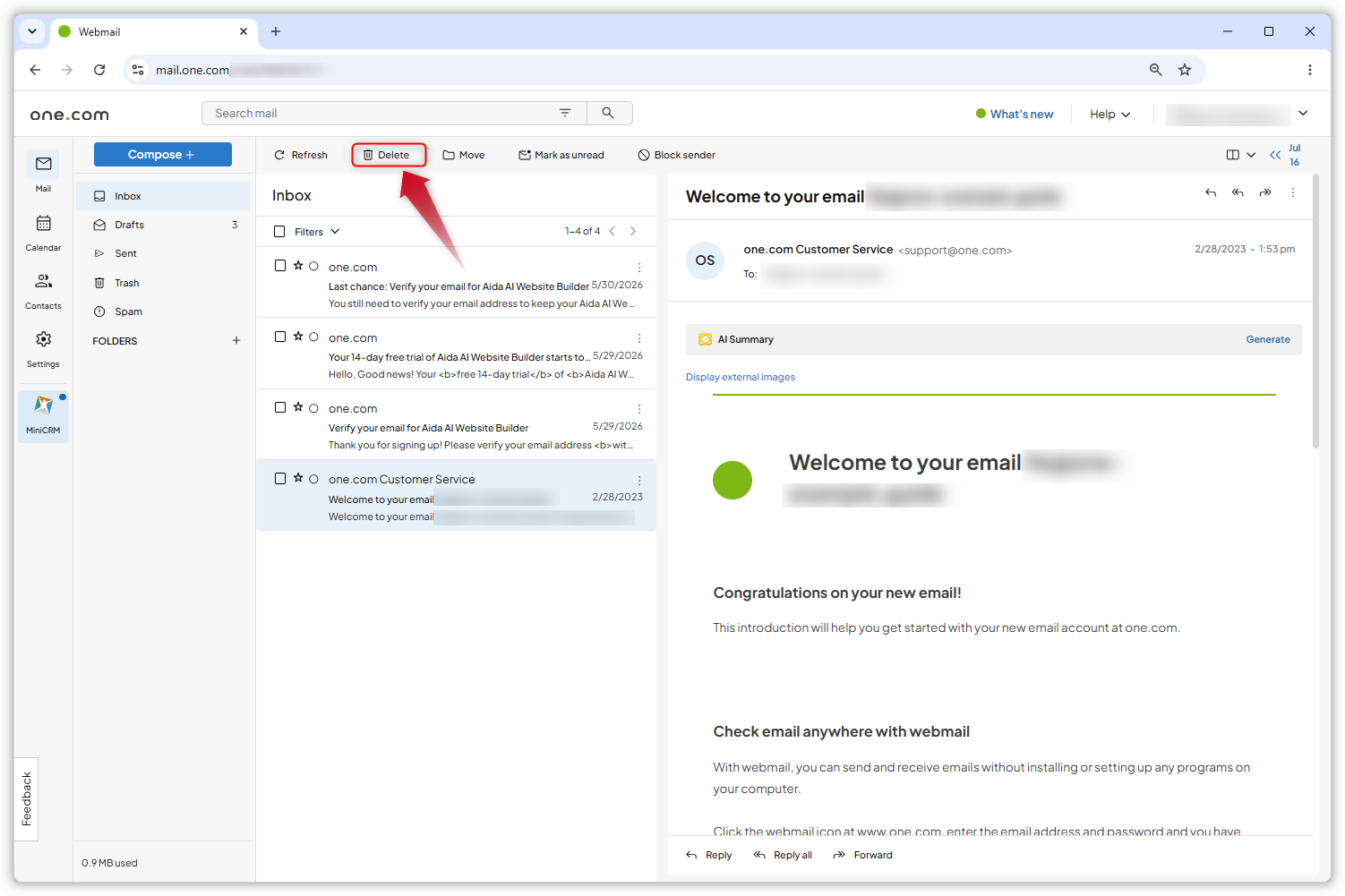 Screenshot of the Webmail inbox. A red arrow points to the 'Delete' button near the top.