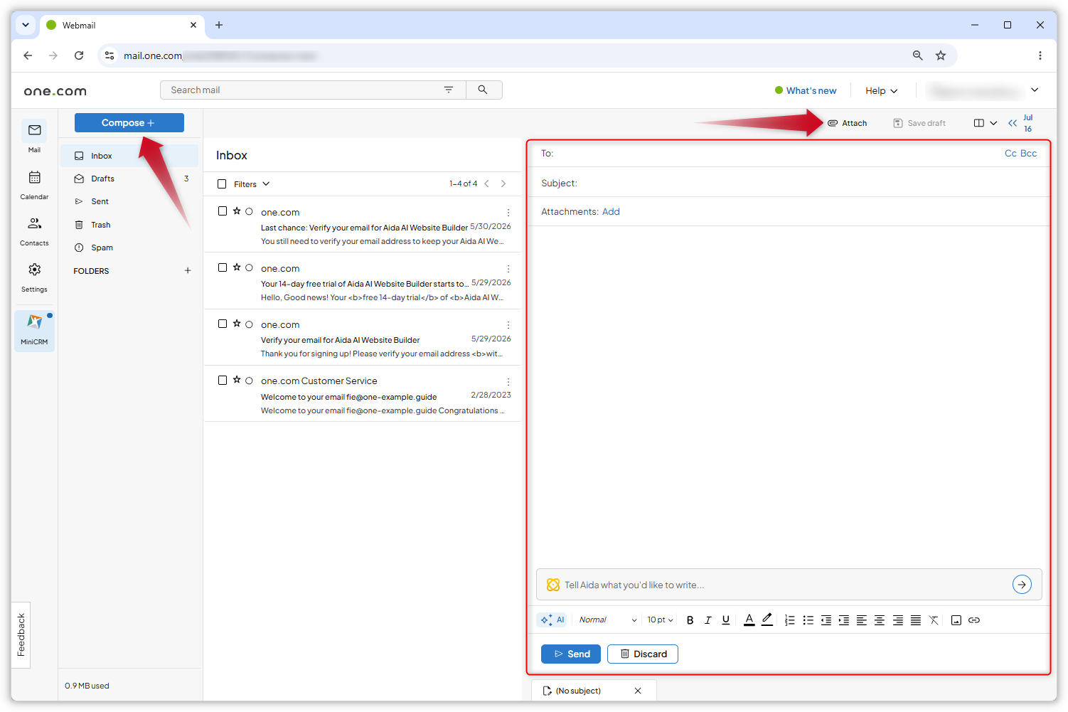 Screenshot of the Webmail inbox. The window for writing a new email is open and marked with a red frame.