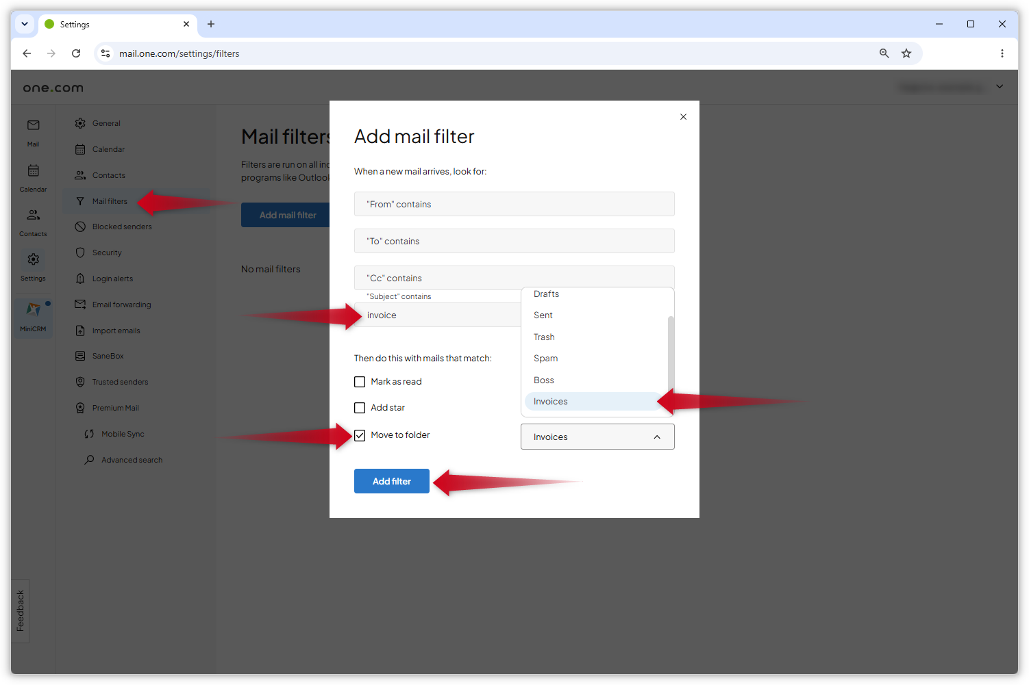 Screenshot of the 'Add mail filter' menu in Webmail. Red arrows point to the options described in the steps.