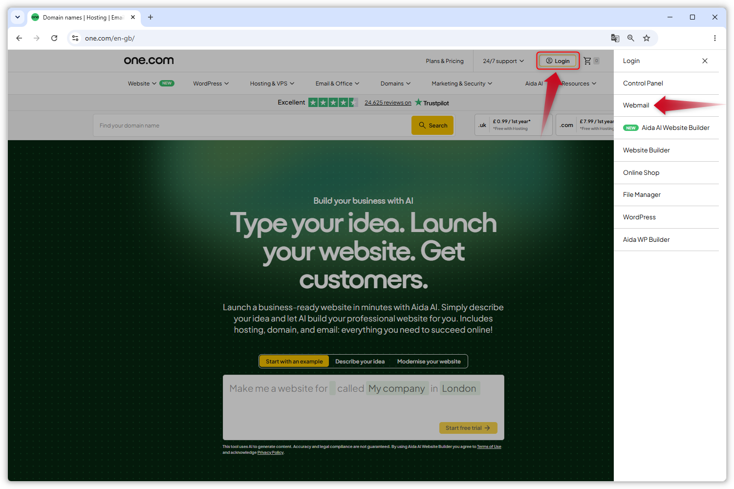 Screenshot der one.com-Website. Das Login-Menü ist geöffnet und ein roter Pfeil zeigt auf 'Webmail'.