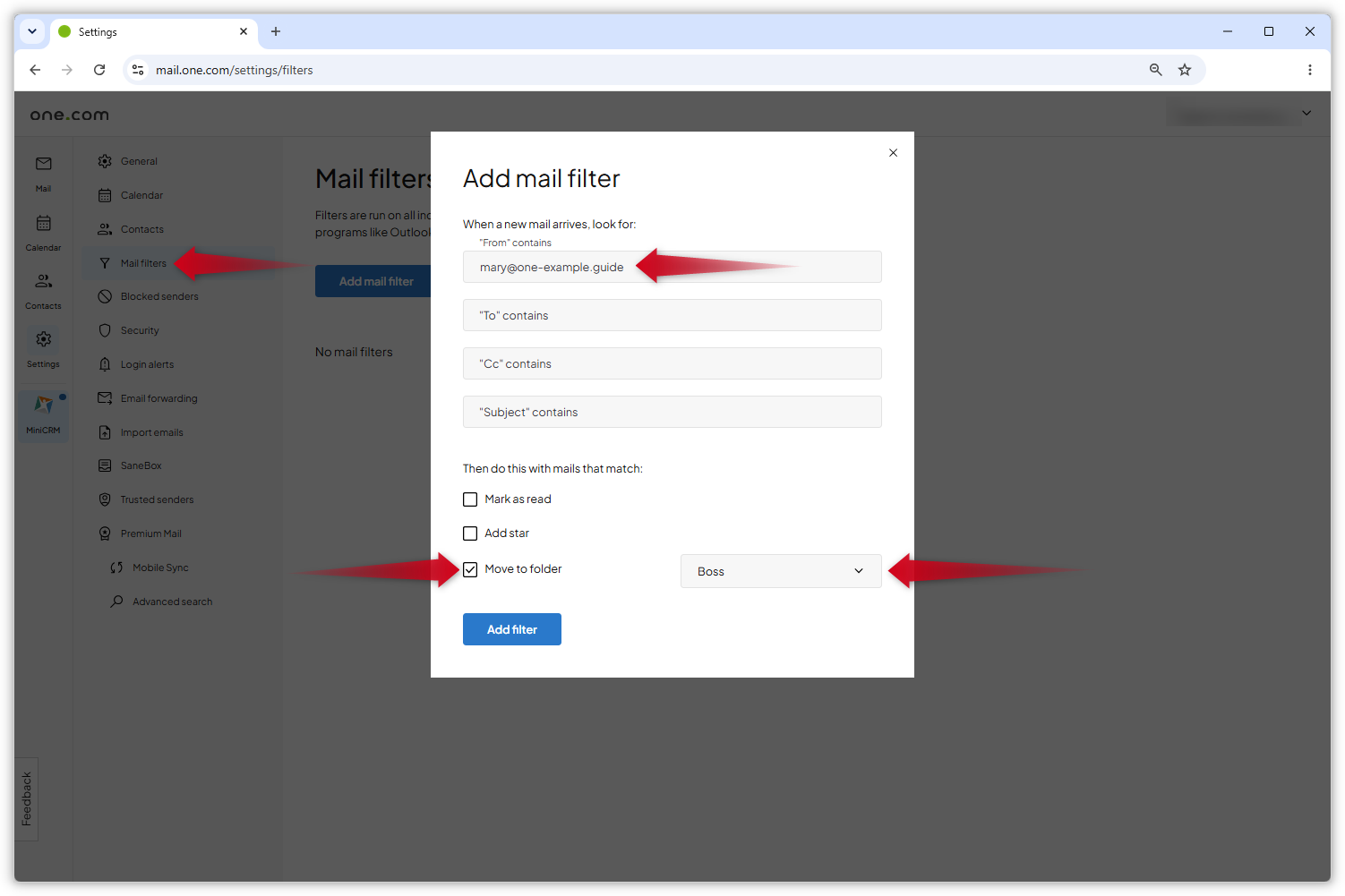 Kuvakaappaus Webmailin 'Lisää sähköpostisuodatin' -valikosta. Punaiset nuolet osoittavat vaiheissa kuvattuihin vaihtoehtoihin.