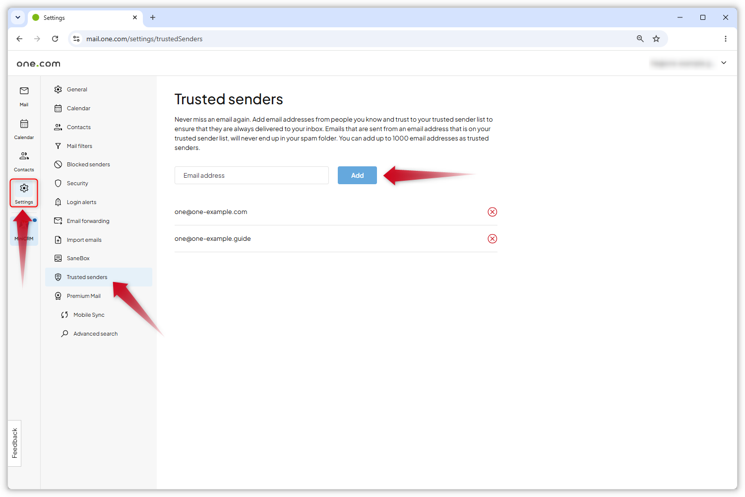 Schermafbeelding van de geopende pagina 'Vertrouwde afzenders'. Een rode pijl wijst naar het invoerveld voor het toevoegen van het vertrouwde e-mailadres.