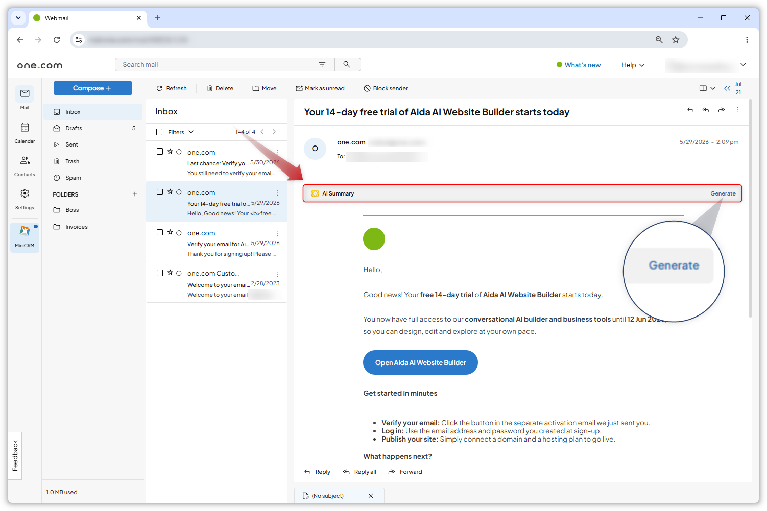 Screenshot of the Webmail inbox. A red arrow shows where to find the AI summary feature and a magnifying glass zooms in on the 'Generate' button.