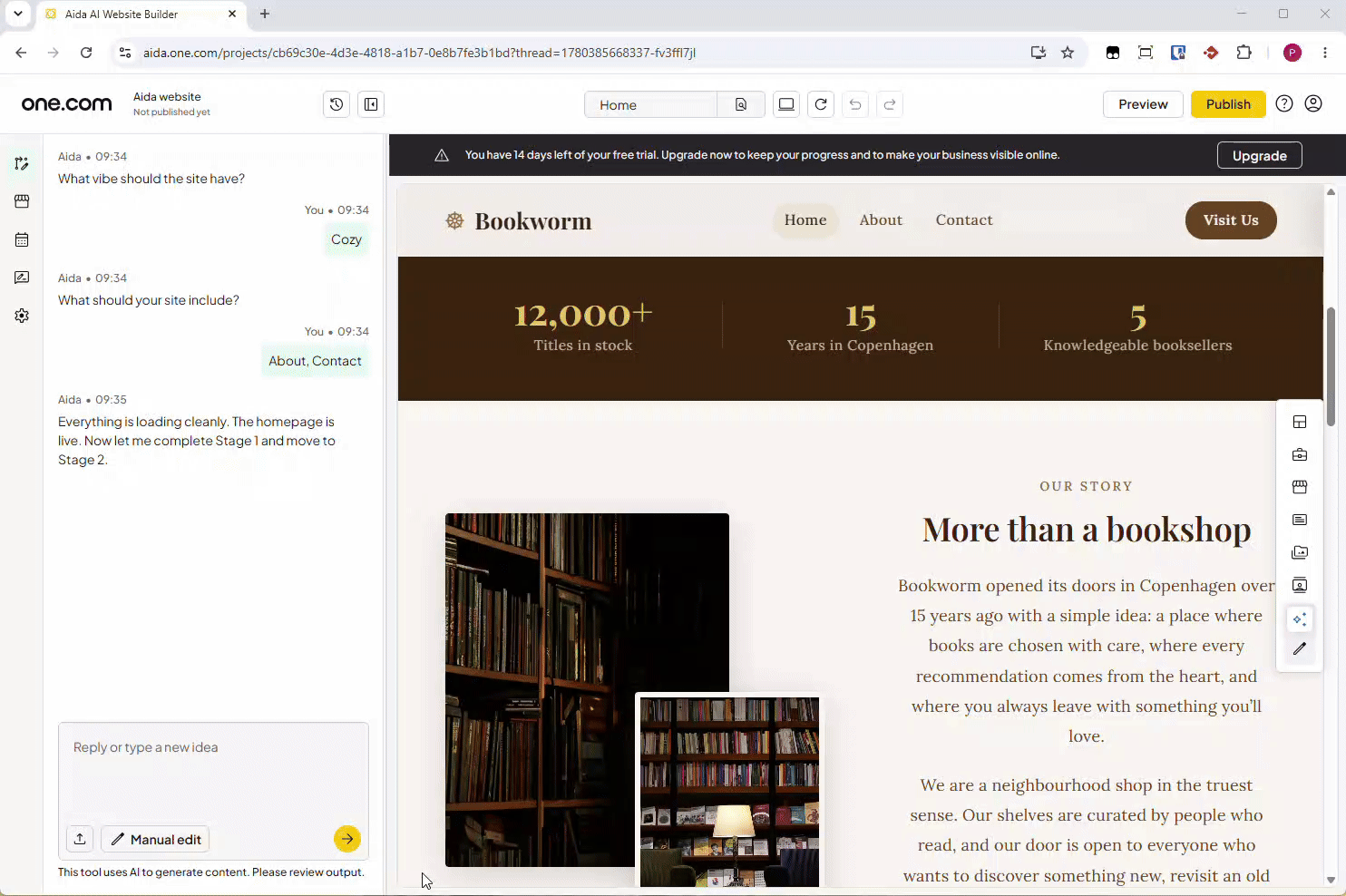 Gif die laat zien hoe je handmatig een element bewerkt in de Aida AI Website Builder-editor.