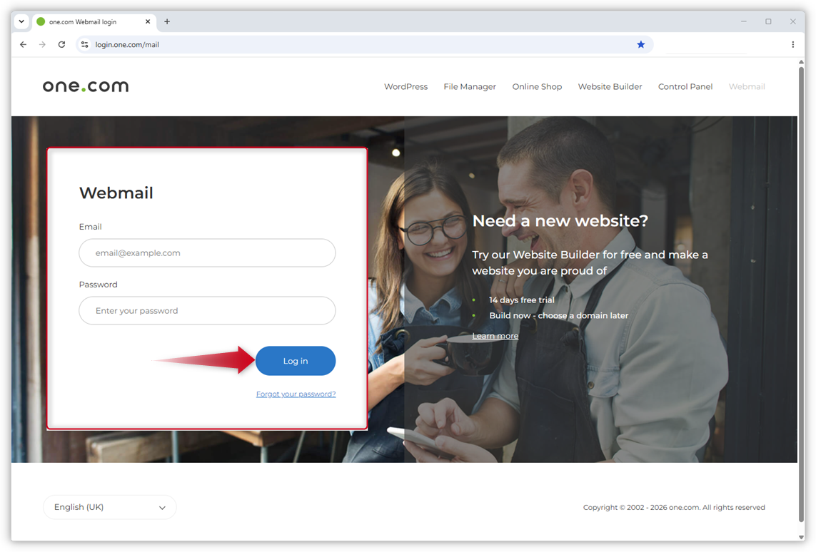 Screenshot of the one.com login page for Webmail with a red frame around the login field and a red arrow pointing to the blue "Log in" button.