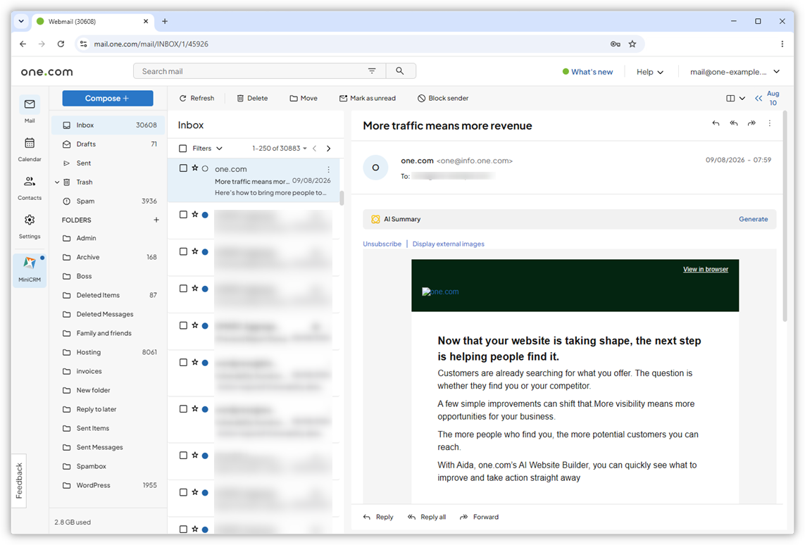 Skjermbilde av one.com Webmail etter innlogging.