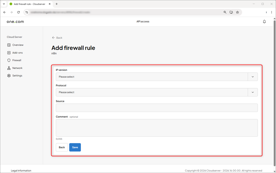 Add firewall rule page via the one.com Control Panel displaying a form with fields for IP version, protocol, source, and an optional comment, plus Back and Save buttons.