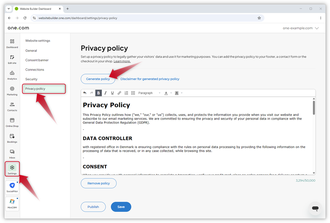 Skärmdump av Hemsideprogrammets instrumentpanel. Röda pilar markerar Inställningar och Sekretesspolicy i menyn samt knappen \"Generera policy\".